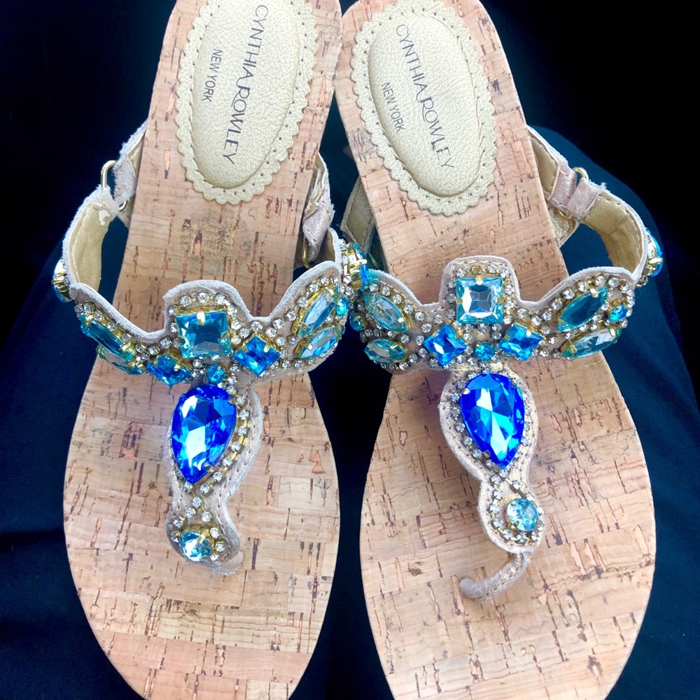 Blue Crystal Cork Wedge Sandals